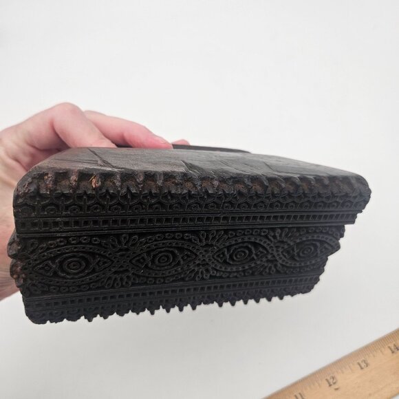 Antique Hand Carved Wood Textile Ornate Border Pattern Fabric Stamp Block - Picture 6 of 11